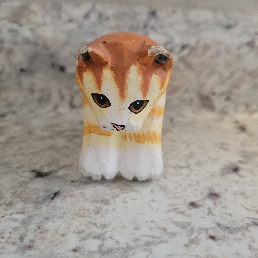 Handpainted Wooden Cat Figurine Yellow & White 2.5" Adorable Striped Design Home